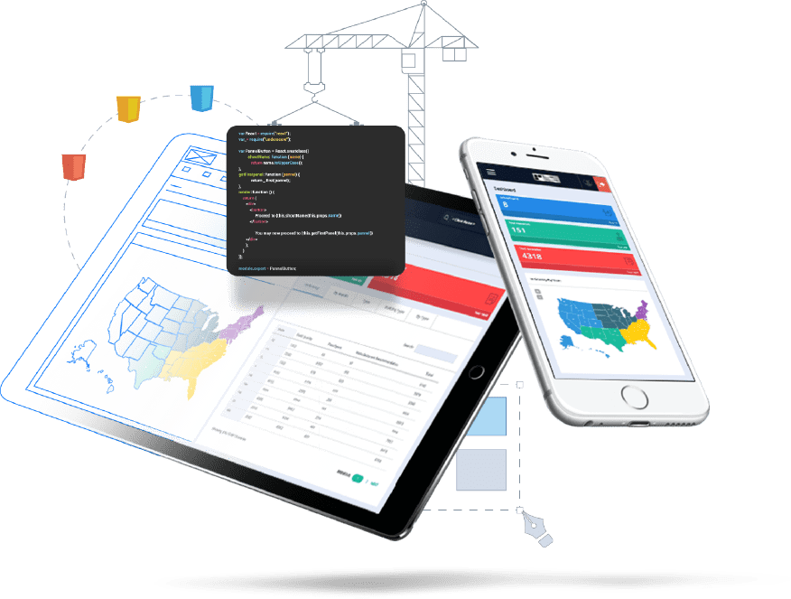 An image showing codes as well as a tablet and a smartphone displaying statistic dashboards.